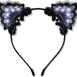 Black Lace Cat Ear Headband LED Lights Womens Costume Party Festival Accessory